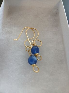 Gold Wire Drop Earrings with Rainbow Cateye Beads - Women Jewelry